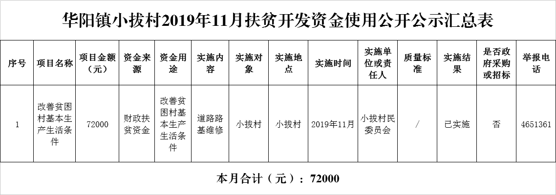 2019.11.29华阳镇小拔村2019年11月扶贫开发资金使用公开公示汇总表.png