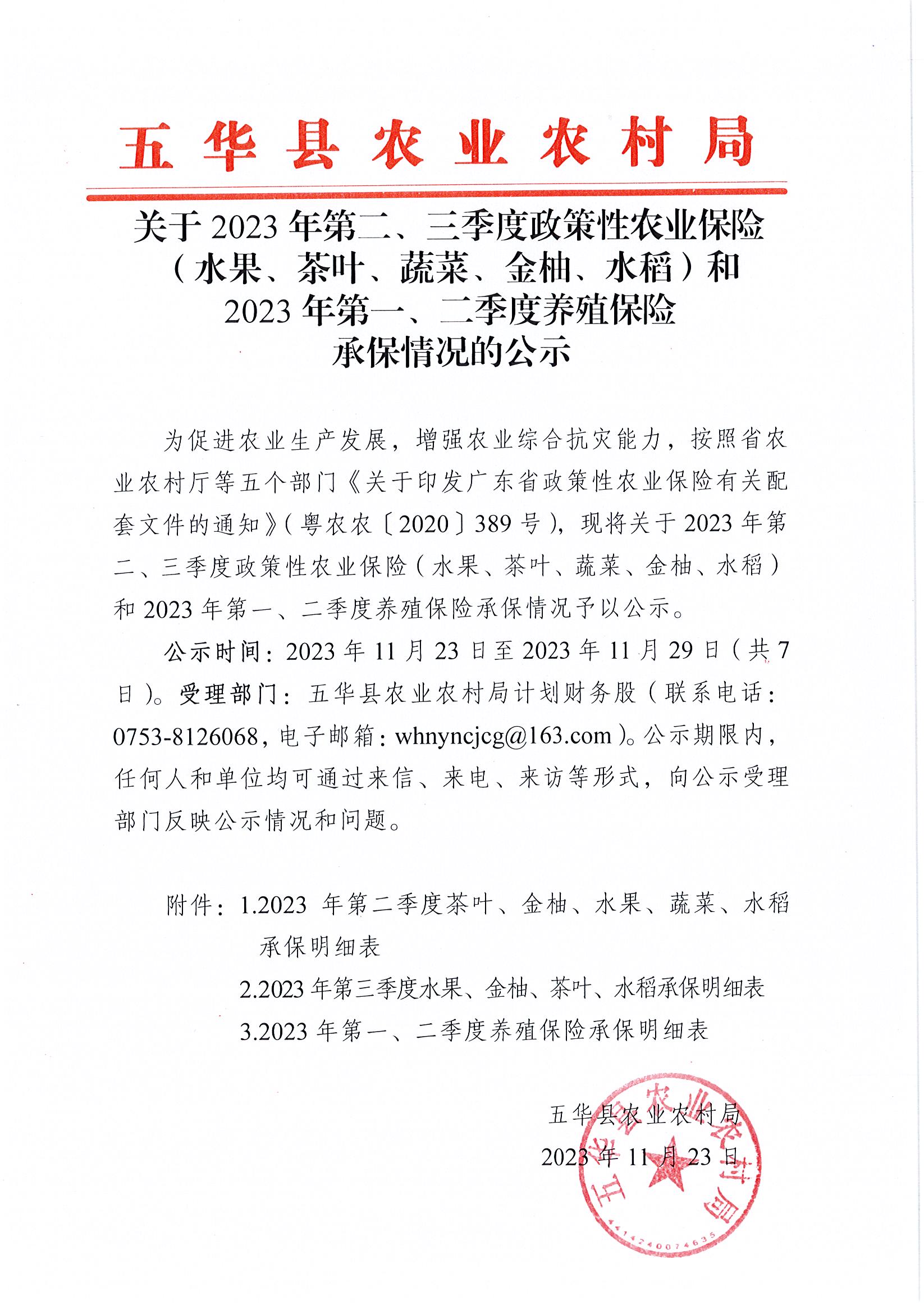 关于2023年第二、三季度政策性农业保险（水果、茶叶、蔬菜、金柚、水稻）和2023年第一、二季度养殖保险承保情况的公示.jpg