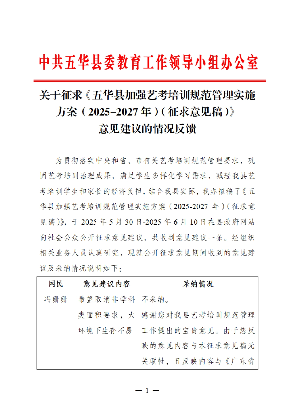 关于征求《五华县加强艺考培训规范管理实施方案（2025-2027年）（征求意见稿）》意见建议的情况反馈0000.jpg