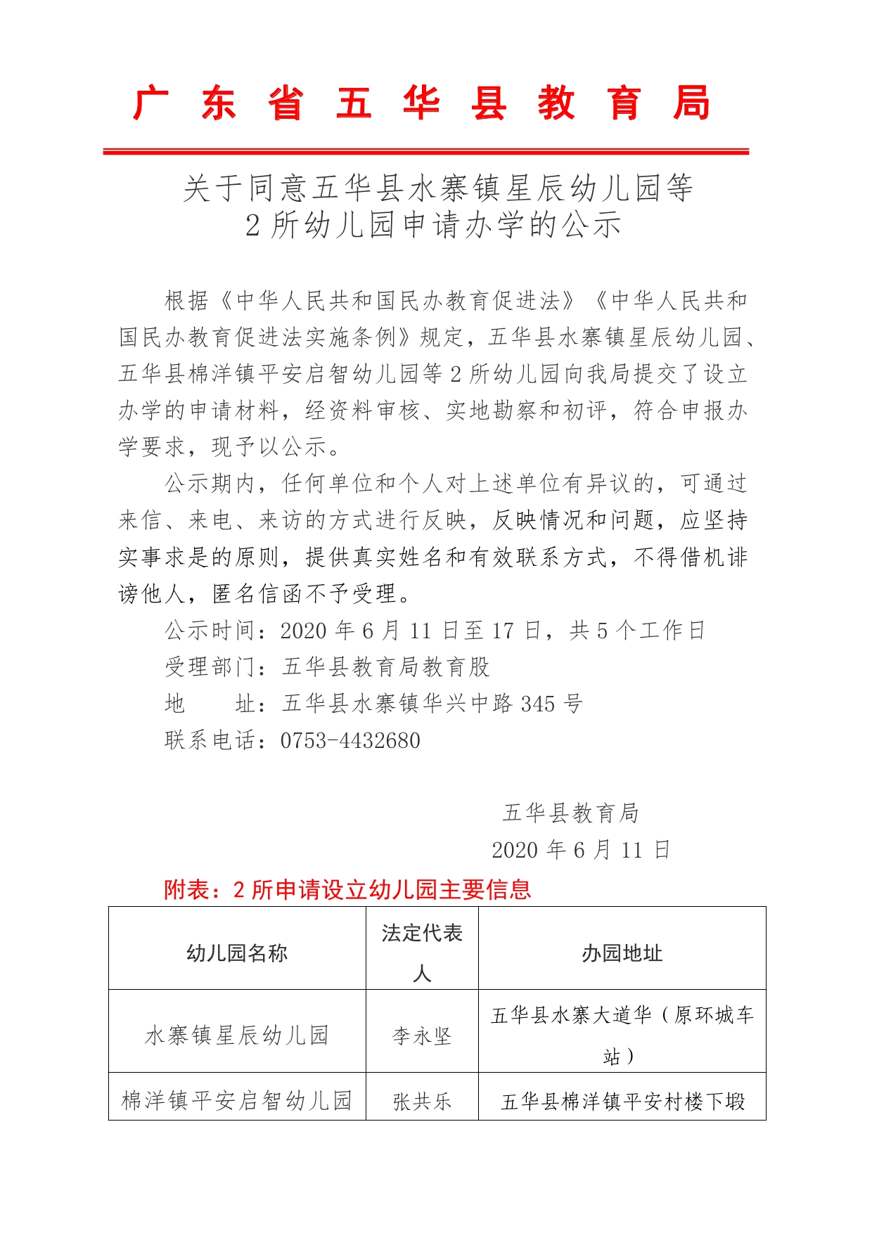 关于同意五华县水寨镇星辰幼儿园等2所幼儿园申请办学的公示